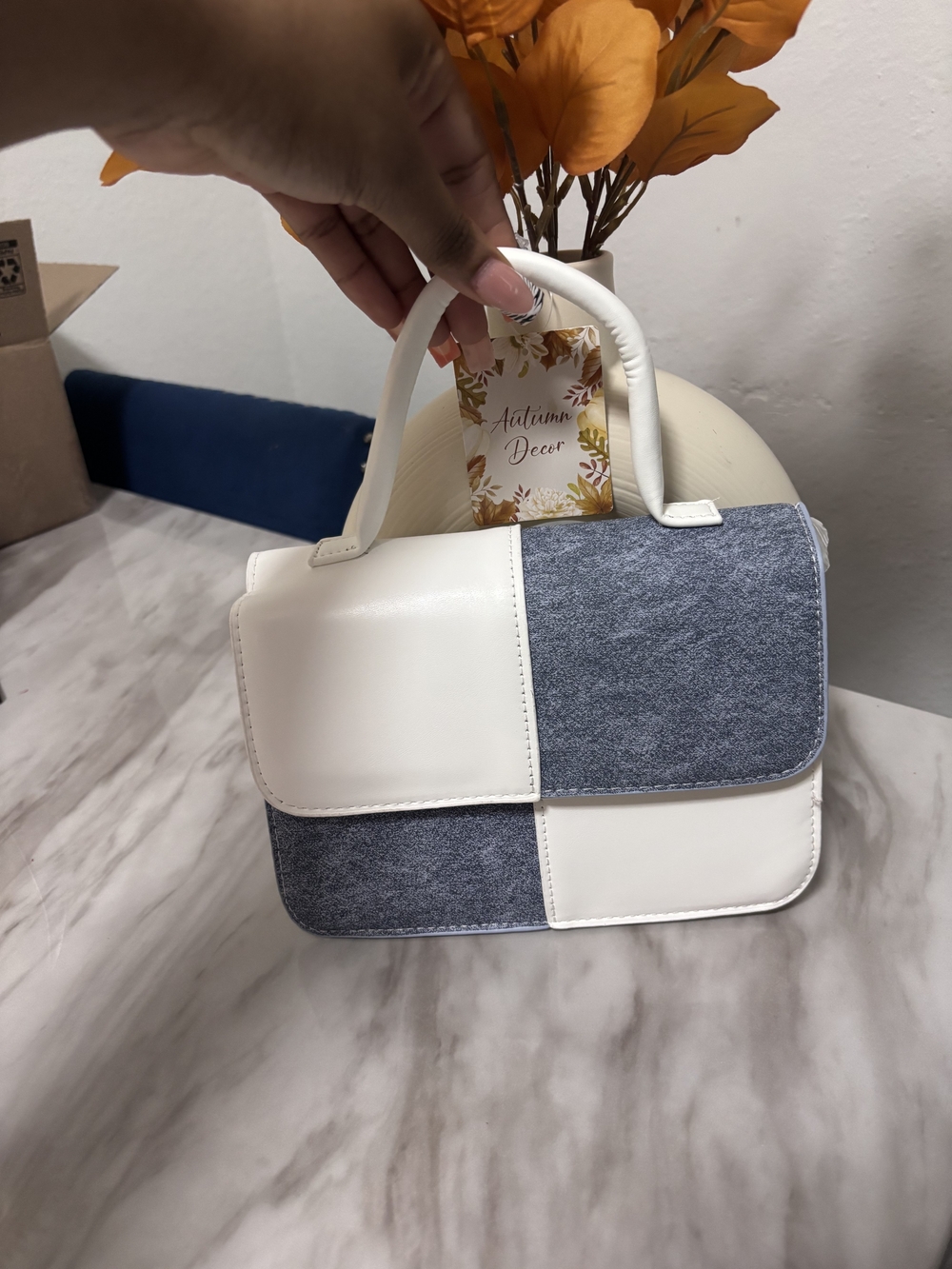 Women's Two-Tone White and Gray Top-Handle Bag